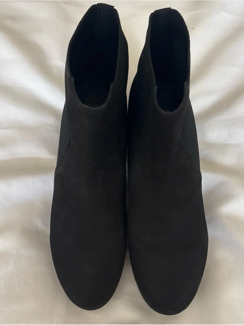 Eileen Fisher Black Stretch Suede Ankle Booties with Block Heel and Lug Sole